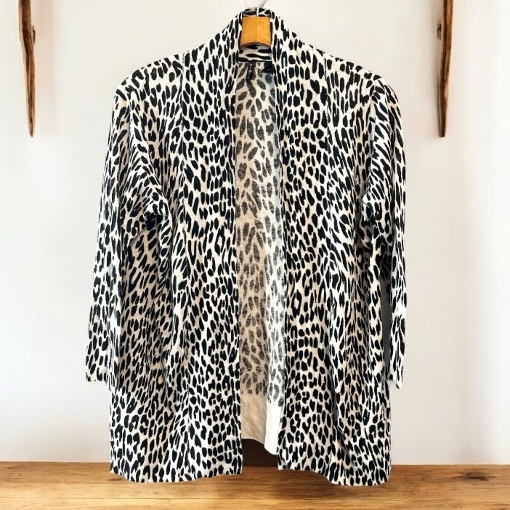 Etoile Open Front Animal Print Cardigan Sweater Black White Snow Leopard Small